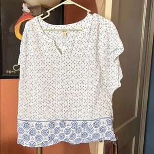 Style & Co. White and Blue Patterned Blouse